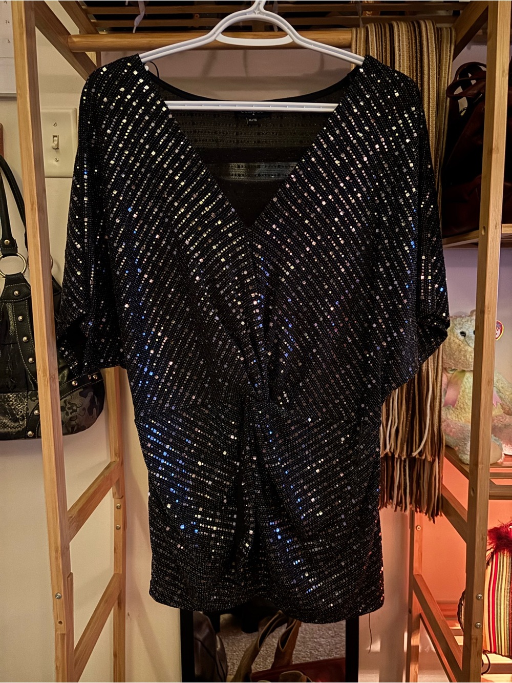 Eclipse Vintage Black Sequin V-Neck Women's Top